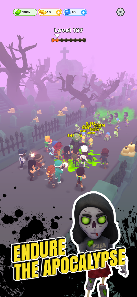 Survivor Idle Run: Z-RPG Game - Un grupo de supervivientes luchando contra una horda de zombis en un cementerio con el texto soporta el apocalipsis