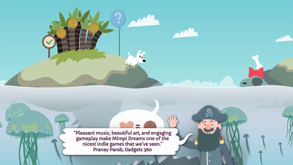 Un perro blanco en una isla sobre una escena submarina con medusas y un personaje pirata.