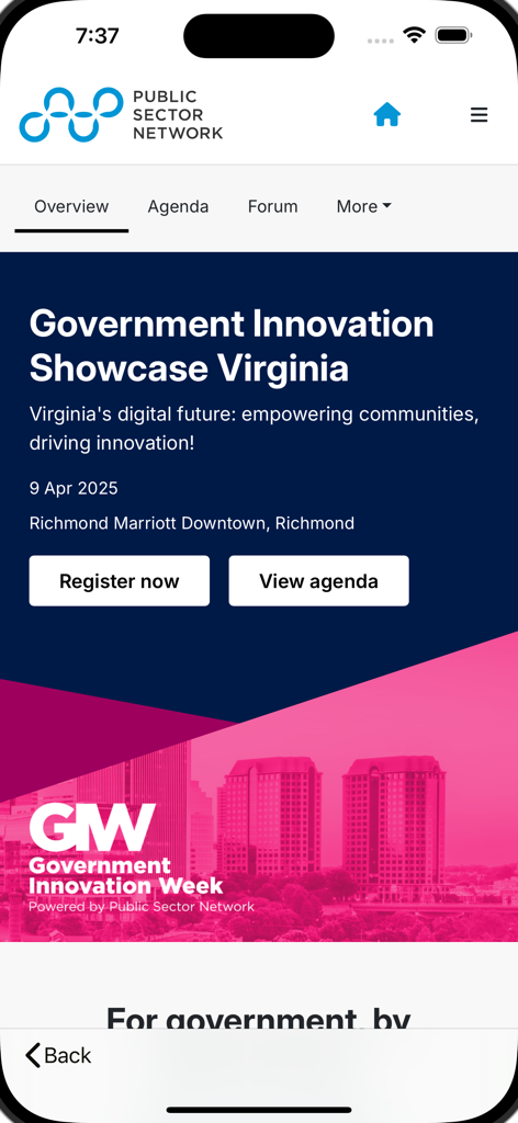 Public Sector Network app screen for the Government Innovation Showcase event in Virginia.