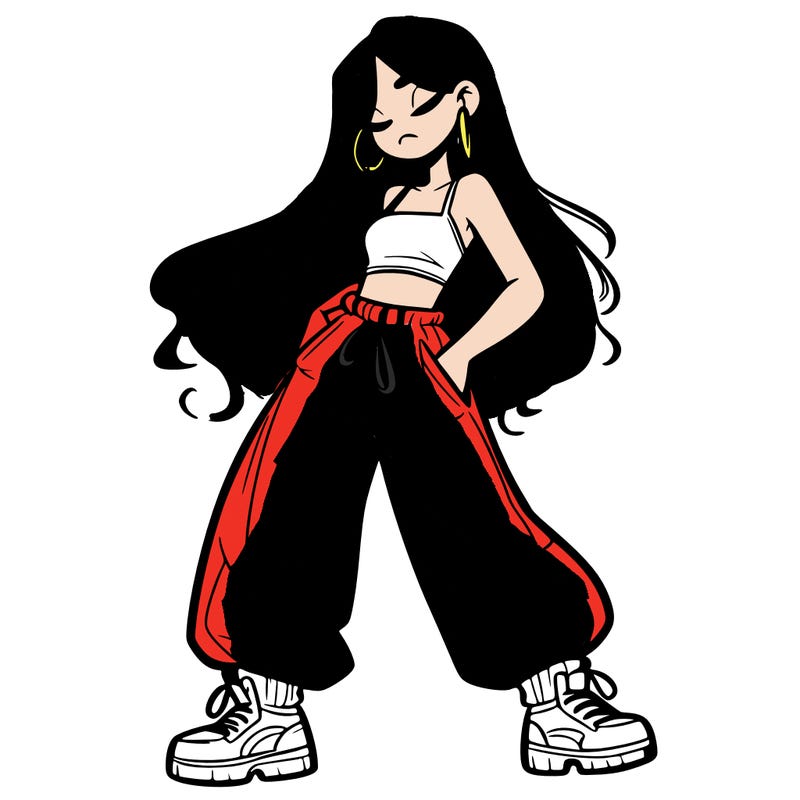 girl in baggy pants crop top and long hair