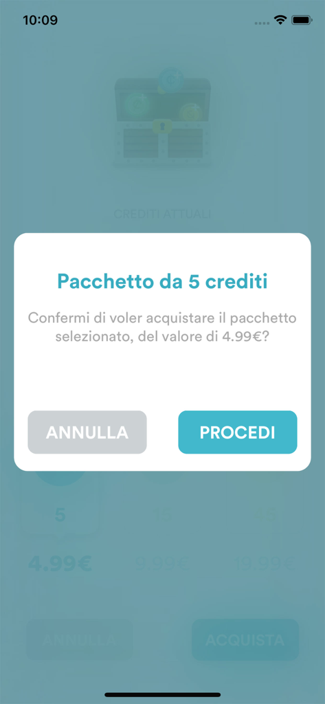 Esperto in Chat - Clienti - Pantalla de confirmación en la aplicación para la compra de un paquete de 5 créditos.