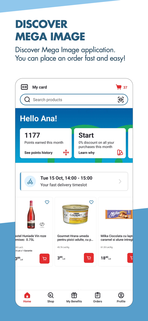 Mega Image Online app interface showing user loyalty points and grocery delivery timeslot