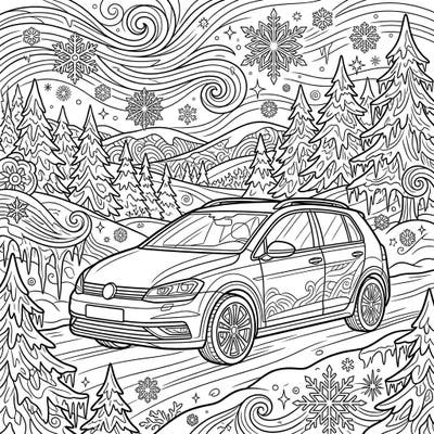 Get ready to color a dynamic hatchback cruising through an enchanting winter wonderland scene. This intricate design, filled with snowflakes and frosted trees, is perfect for teens seeking a detailed and engaging coloring challenge.