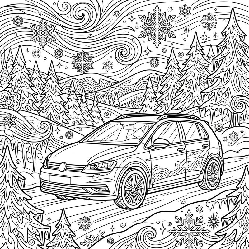 Get ready to color a dynamic hatchback cruising through an enchanting winter wonderland scene. This intricate design, filled with snowflakes and frosted trees, is perfect for teens seeking a detailed and engaging coloring challenge.