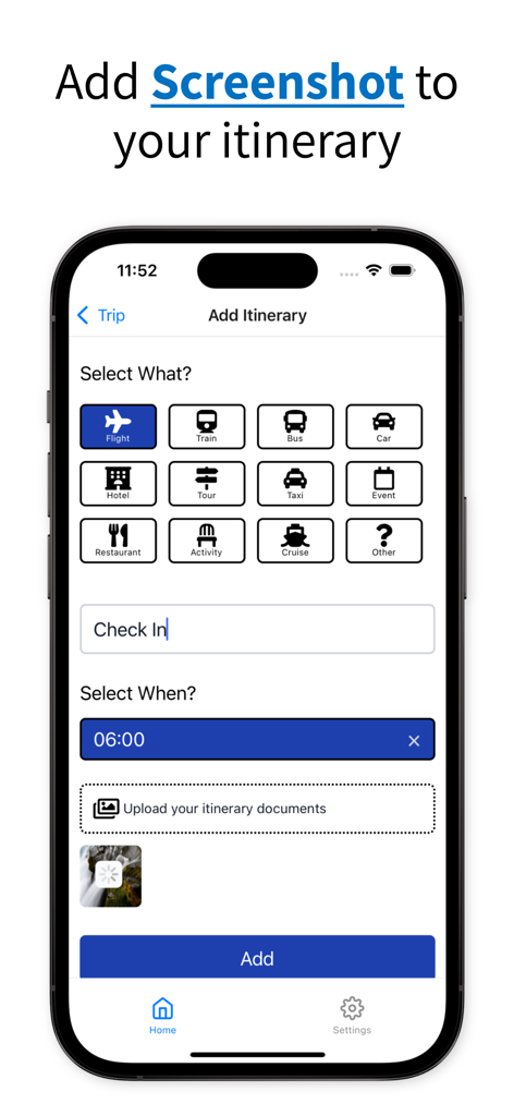 Smartphone-Bildschirm der Travel Easy App, der Optionen zum Hinzufügen von Reiseaktivitäten wie Flügen und Hotels sowie zum Hochladen von Reiseplan-Dokumenten zeigt.