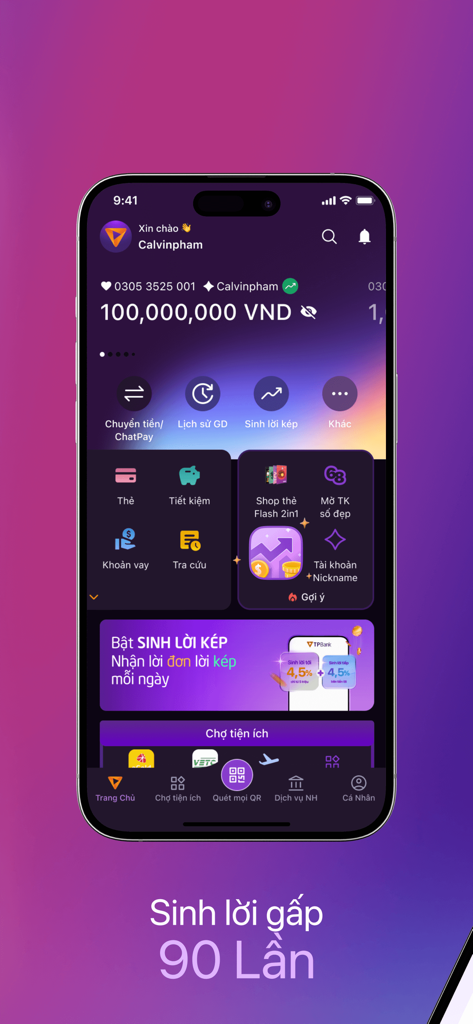 TPBank Mobile - TPBank Mobile app dashboard showing account balance in VND and various banking service icons