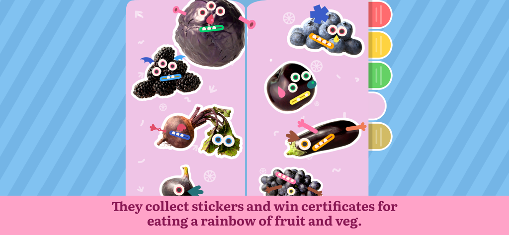 Teach Your Monster Eating - Digital sticker book featuring colorful fruits and vegetables with monster faces in the Teach Your Monster Eating app.