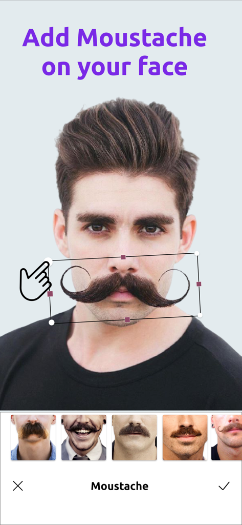 Macho Man-Edit Body Muscle Pro - A man's face being edited with a large curly moustache using the Macho Man app interface.