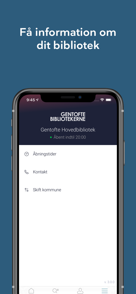 Biblioteket app screen displaying local library information including opening hours and contact details for Gentofte Bibliotekerne.