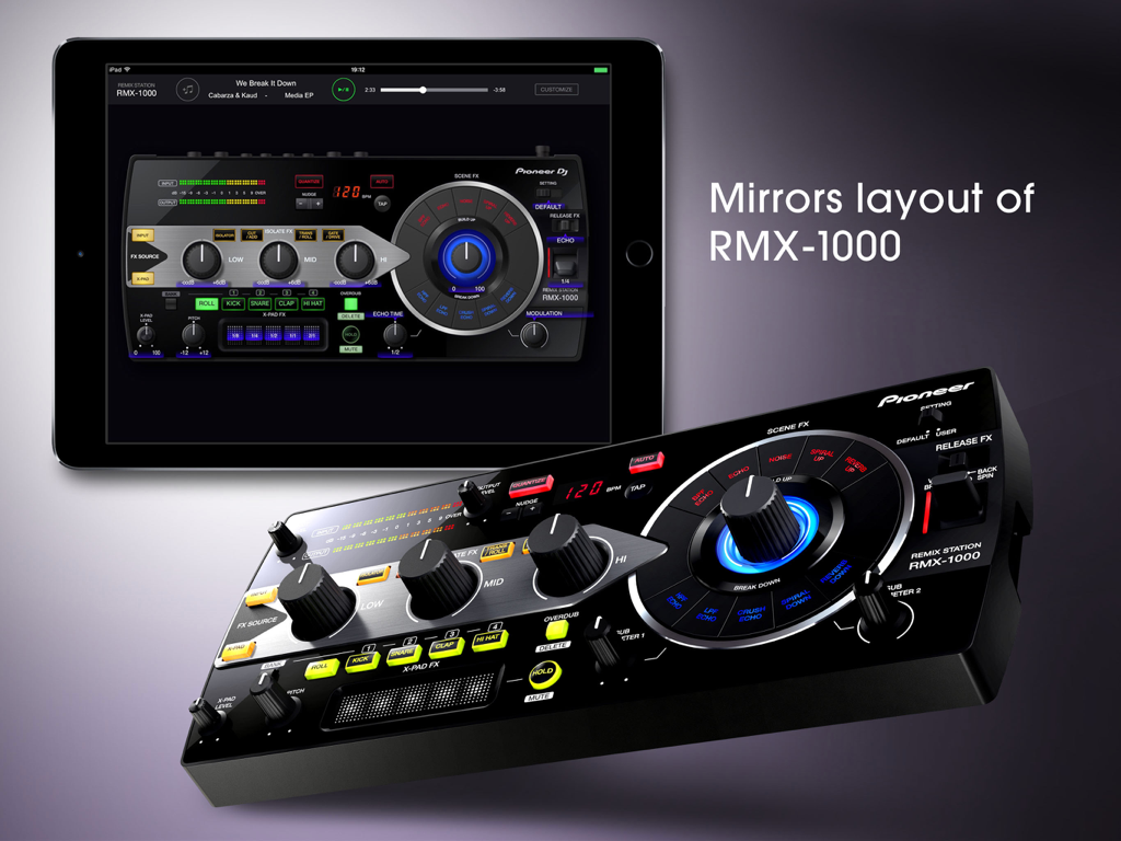 iPad showing the RMX-1000 app interface mirroring the layout of the physical Pioneer DJ hardware effector