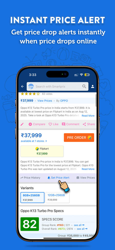 Smartprix mobile app showing the instant price alert feature for a high-end smartphone with technical specifications
