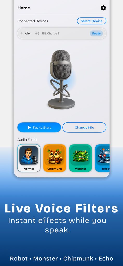 Bluetooth Speaker Mic: BlueMic - BlueMic app interface showing live voice filters like Chipmunk and Robot for real-time audio effects.