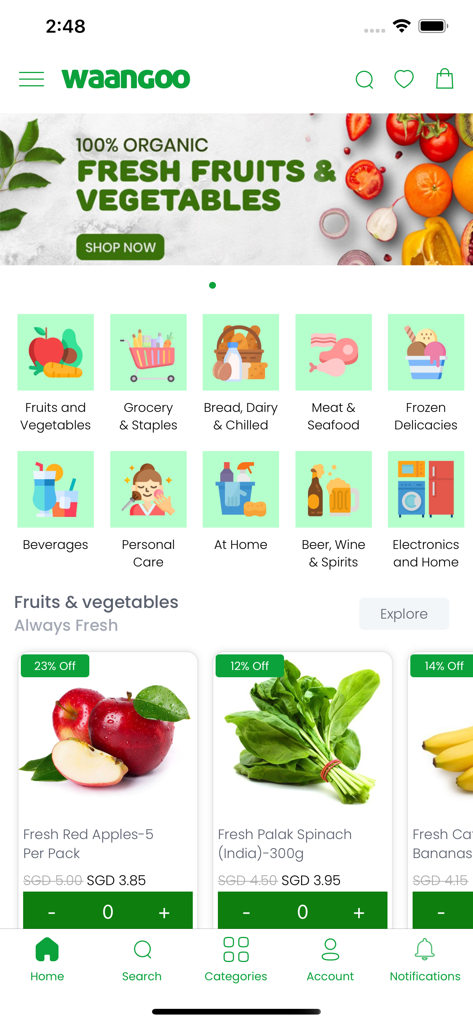 Waangoo - Waangoo mobile app home screen showing grocery categories and fresh produce deals.