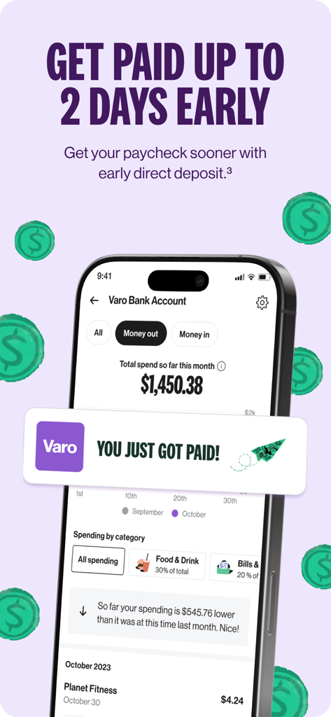 Varo Bank mobile app interface showing the early direct deposit feature and monthly spending categories