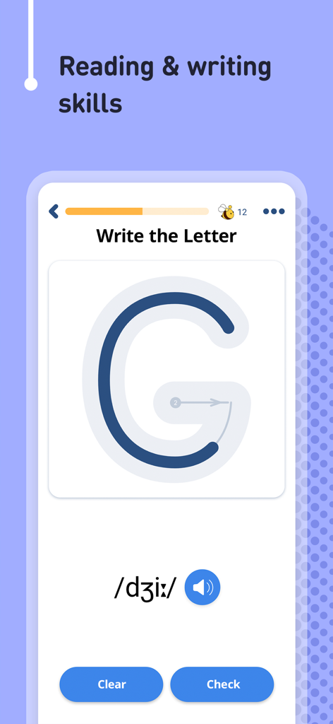 FunEasyLearn - Learn Languages - Pantalla interactiva de la app FunEasyLearn mostrando un ejercicio de escritura para la letra G