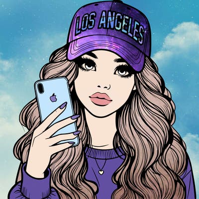 realistic beautiful girl wearing los ángeles cap holding an iphone
