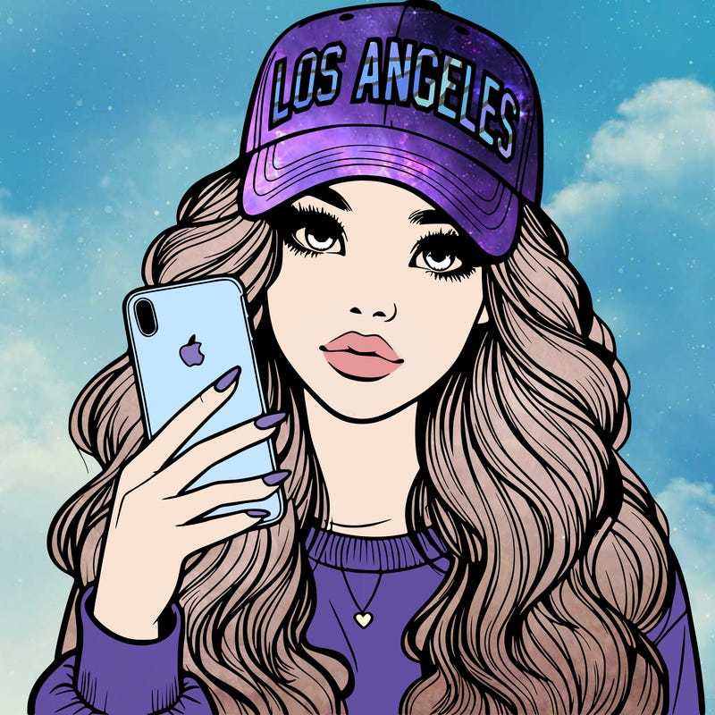 realistic beautiful girl wearing los ángeles cap holding an iphone