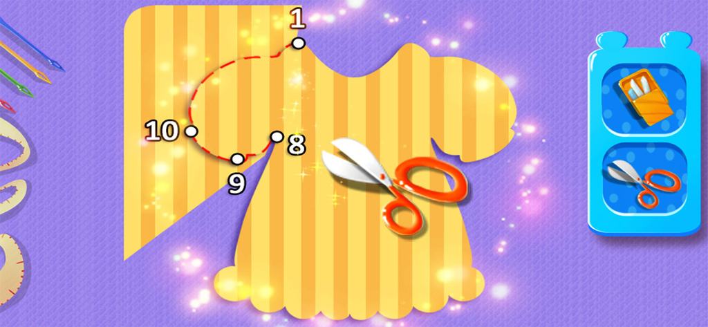 Little Fashion Tailor 2 - A yellow striped fabric being cut into a dress shape using scissors in a kids tailoring simulation game