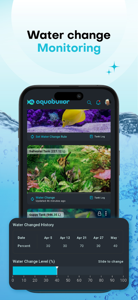 Aquabuildr - Aquabuildr mobile app showing aquarium water change history and maintenance tracking