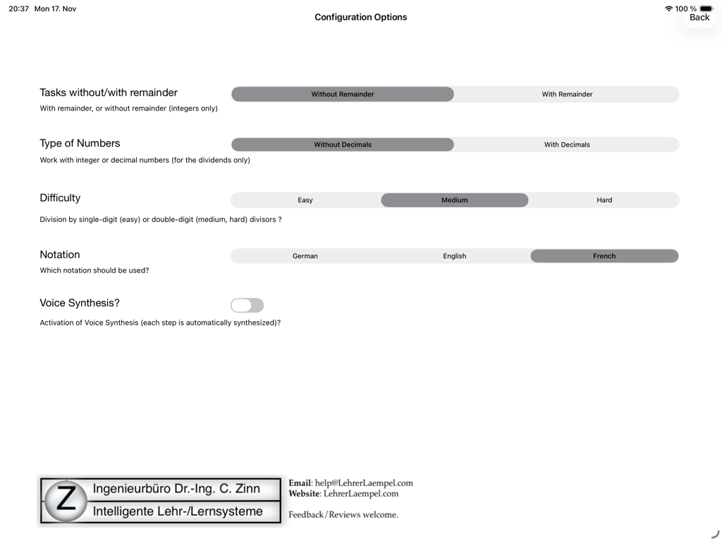 La pantalla de opciones de configuración en la aplicación Lehrer Lämpel que muestra la configuración para los restos, los decimales, los niveles de dificultad y los estilos de notación matemática.