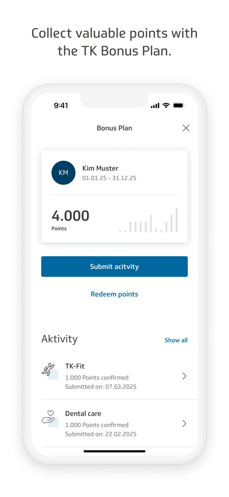 Interface do Plano de Bônus do TK-App mostrando saldo de pontos e atividades de saúde recentes.