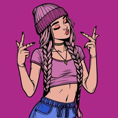 realistic teenage girl with braids and a beanie and crop top doing 🫶🏼