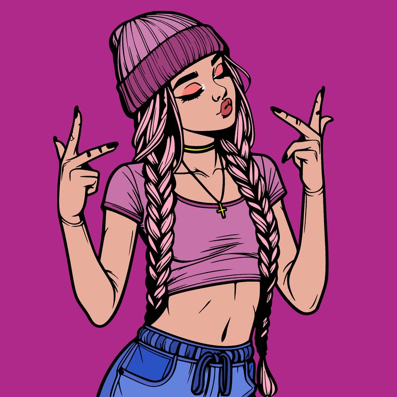 realistic teenage girl with braids and a beanie and crop top doing 🫶🏼