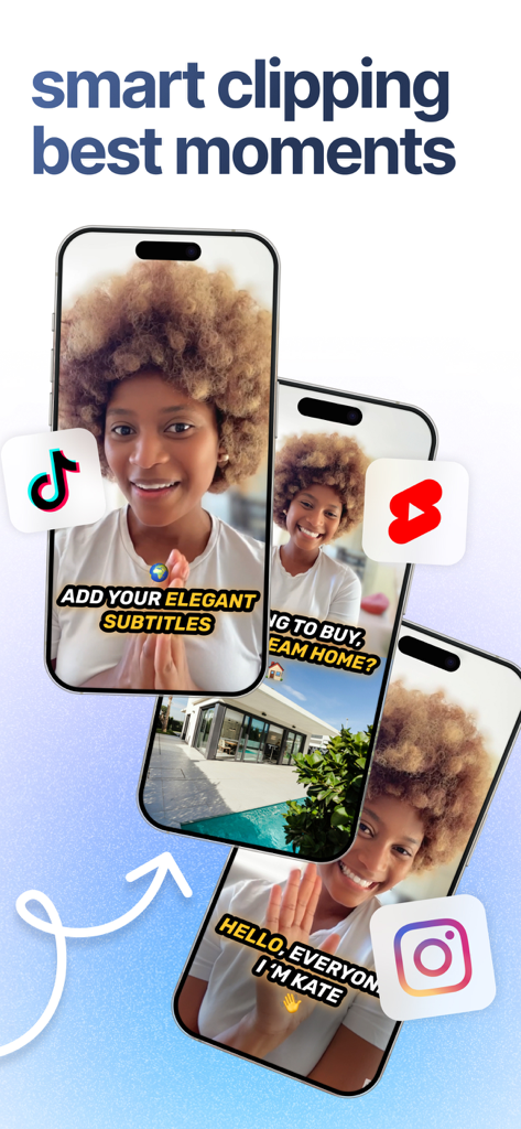 TikTok, Instagram, YouTube Shorts용 소셜 미디어 비디오의 스마트 클리핑을 보여주는 BIGVU 앱