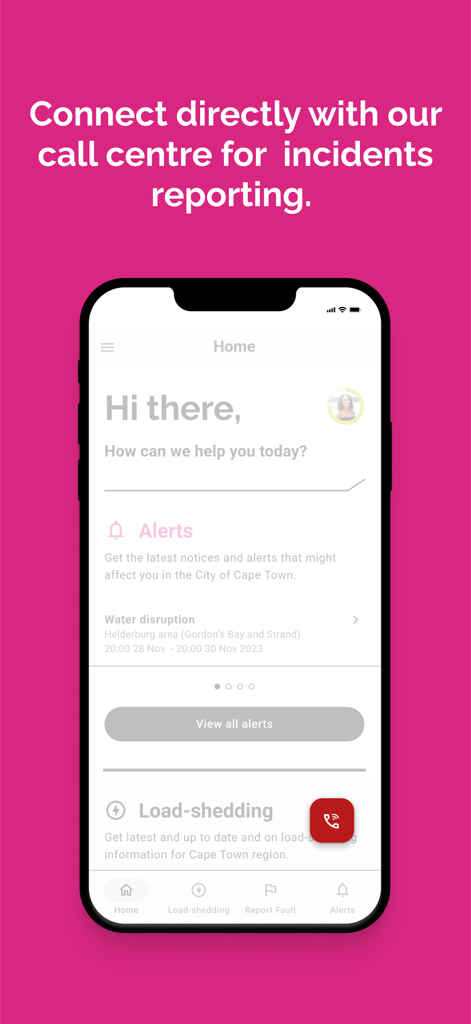 City of Cape Town - Pantalla de inicio de la aplicación móvil de la Ciudad del Cabo con alertas municipales e información sobre cortes de carga.