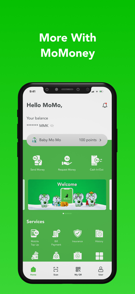MoMoney - Wallet - MoMoney Wallet app dashboard showing mobile financial services like money transfers and bill payments