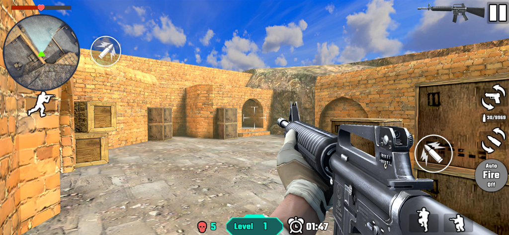 Gun Shoot War：Force Strike - First person shooter gameplay showing an assault rifle in a desert battleground
