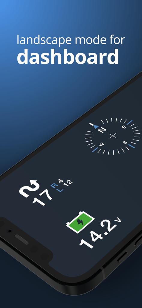 mo.ride - The motorcycle app. - Digital motorcycle dashboard in landscape mode showing compass and battery voltage