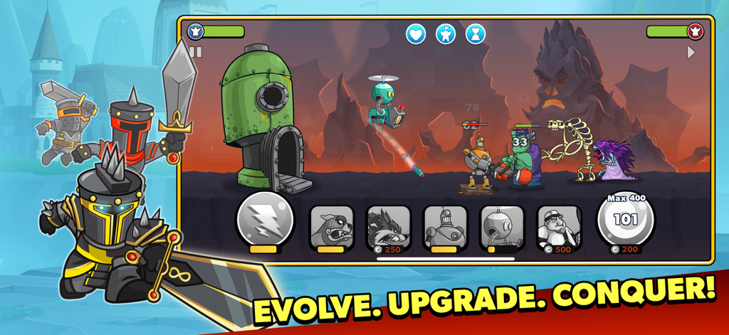 Side-scrolling 2D battle scene in Tower Conquest showing various units attacking a tower