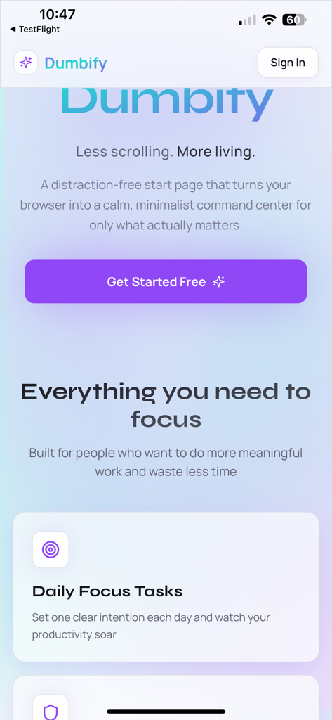 Dumbify – Minimal Launcher - Dumbify app landing page showing a minimalist interface with focus tasks and a call to action button