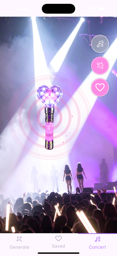 Light Stick Creator - A purple heart shaped light stick glowing in concert mode with a crowd background