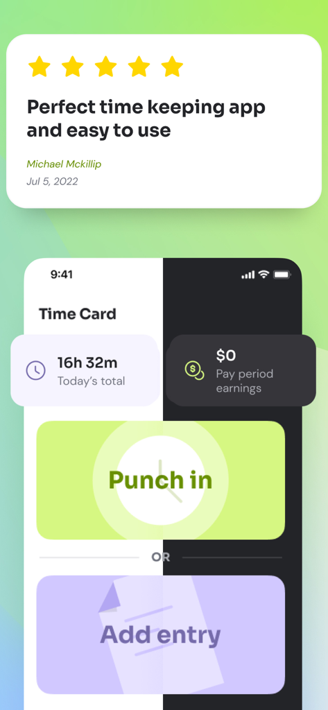 Time Squared: Hours Tracker - Time Squared app screen showing a five star review and the punch in button for time tracking