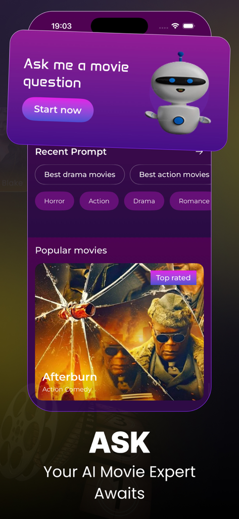 Buz Pro : TV Shows & Movies - Interfaz de la aplicación Buz Pro con un asistente de películas IA para recomendaciones personalizadas de películas y películas populares