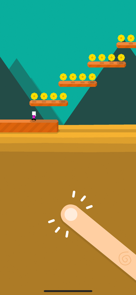 Mr Jump World - Gameplay screenshot of Mr Jump World showing the character navigating platforms with gold coins using a one-button tap gesture.
