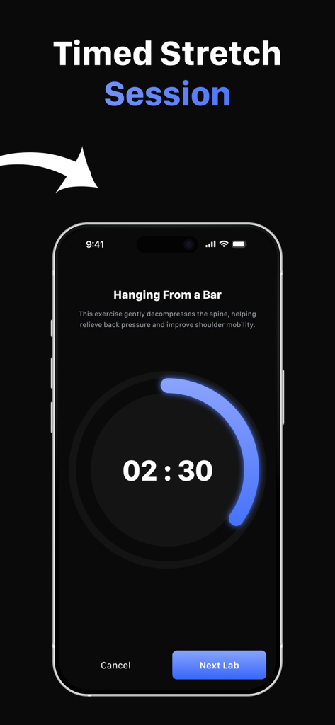 Taller - Height Predictor - Screen showing a timed stretch session for height improvement featuring a countdown for a hanging exercise.
