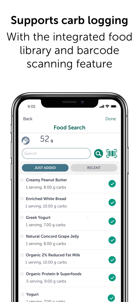 OneTouch Reveal app carb logging and food search interface