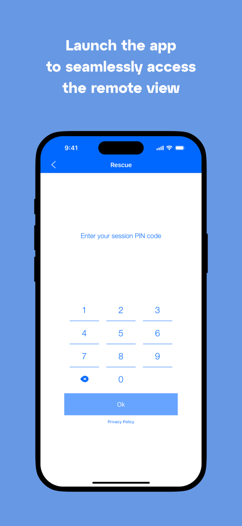 Pantalla de la aplicación LogMeIn Rescue Customer con un teclado numérico para ingresar un código PIN de sesión para soporte remoto.