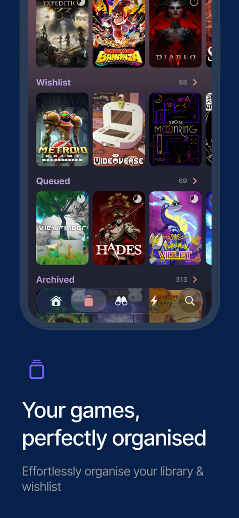 GameTrack mobile interface displaying organized video game categories and wishlist