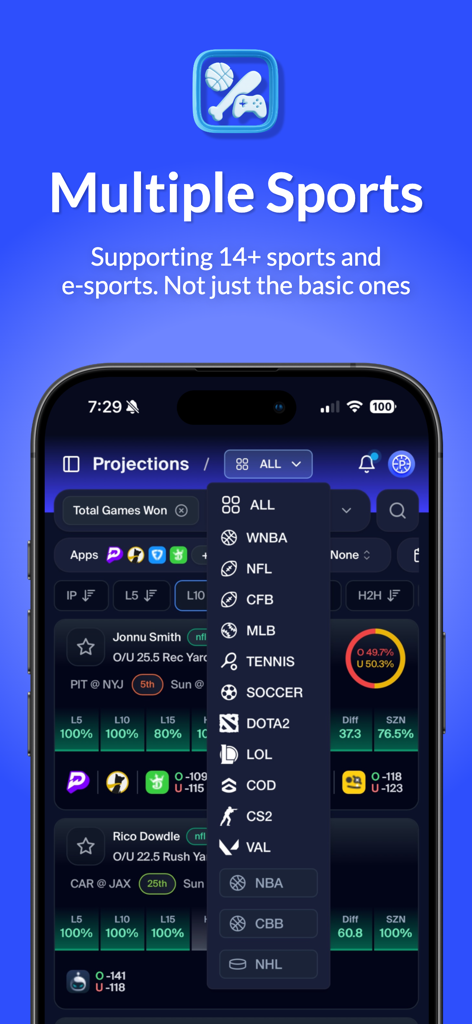 PickFinderアプリに、NFL、NBA、CS2など、サポートされている14以上のスポーツとeスポーツカテゴリのドロップダウンメニューを表示