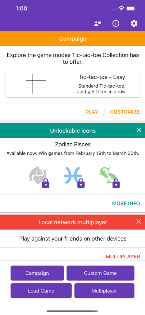 Tic Tac Toe Collection - Main menu of Tic Tac Toe Collection showing campaign mode, unlockable zodiac icons, and multiplayer options.