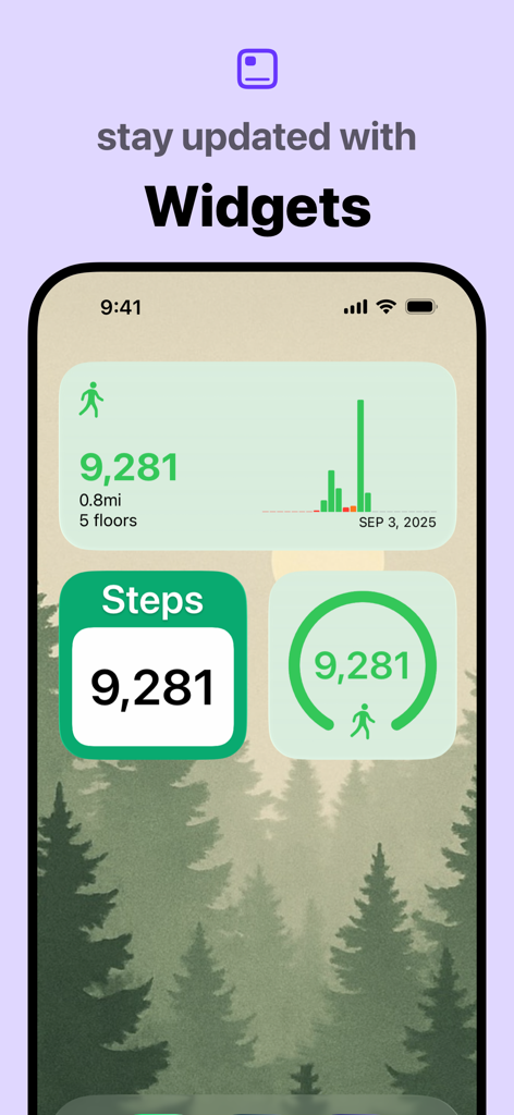 Pedometer plus plus app widgets on an iPhone home screen showing daily step count and activity graphs