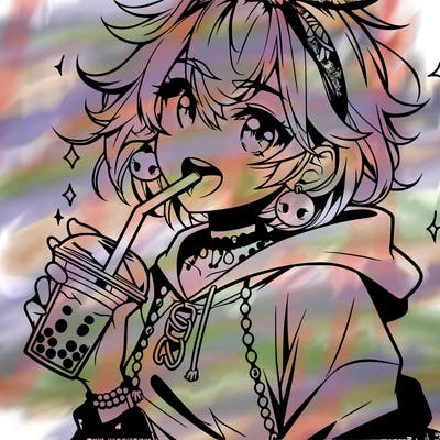 hot baddie anime girl drinking boba and biting the straw