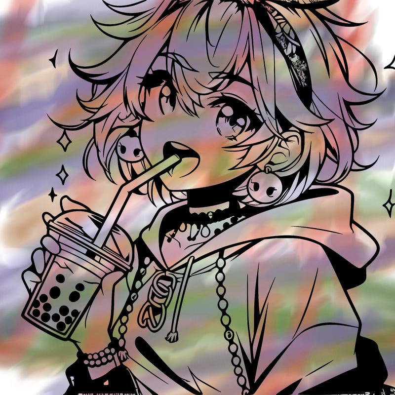 hot baddie anime girl drinking boba and biting the straw