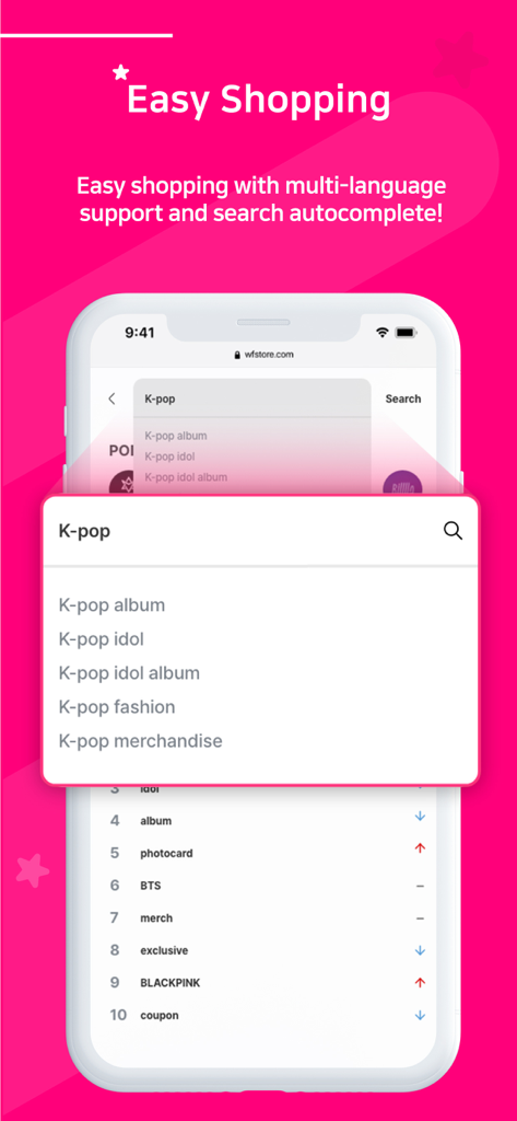 Mobile screen showing the Whosfan Store search interface with autocomplete suggestions for K-pop albums and merchandise