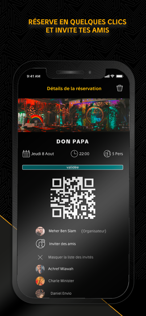 Ija app reservation details screen showing a validated booking for Don Papa with a QR code and guest list