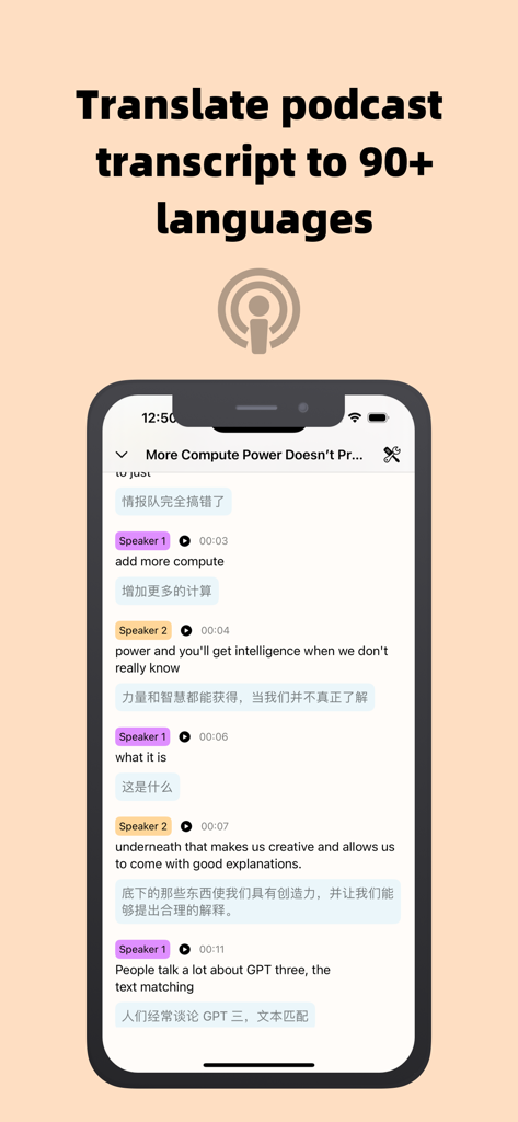 Lightcast - AI Podcast Player - A smartphone displaying the Lightcast app translating a podcast transcript into multiple languages for language learning